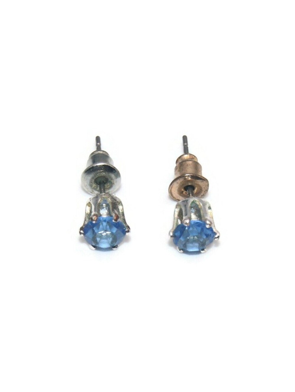 Vintage Silver Tone with Blue Rhinestones Stud Earrings with Post Backs.